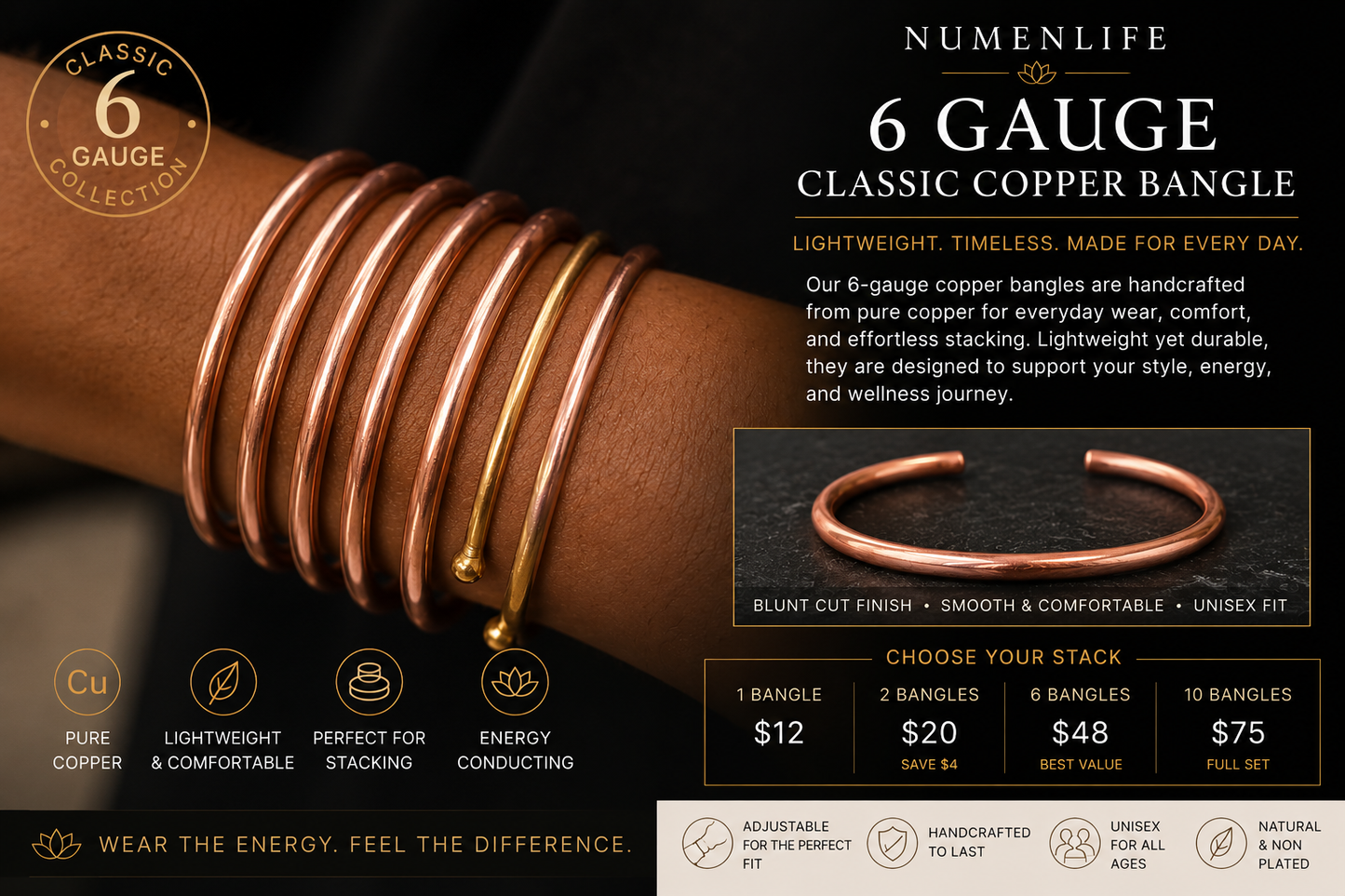 NumenLife Copper Bangles | 6-Gauge Pure Copper