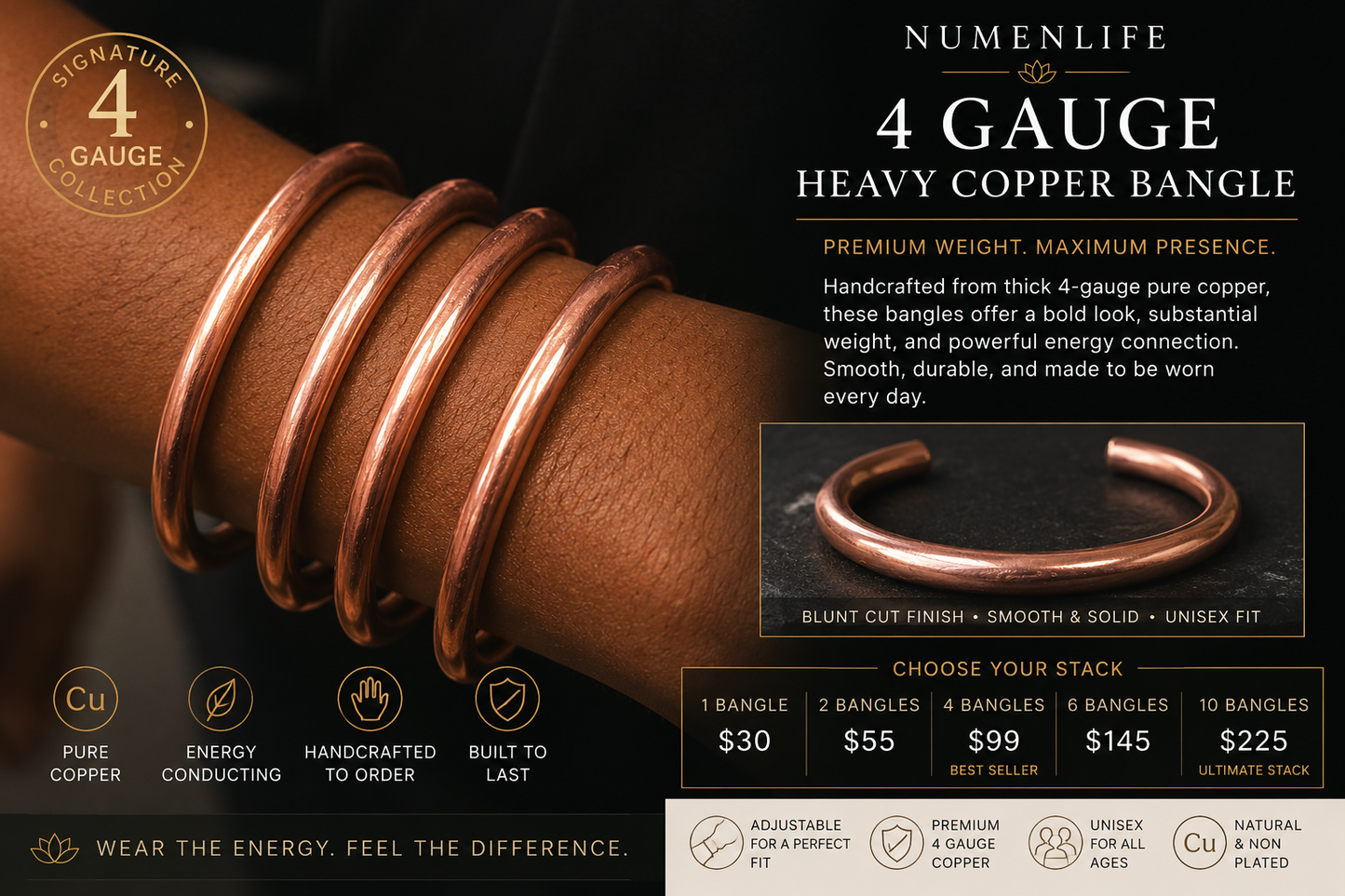 NumenLife Signature Heavy Copper Bangles | 4-Gauge Pure Copper